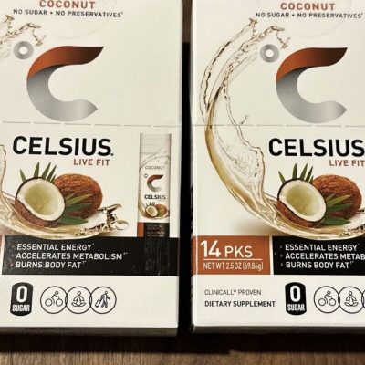 2 CELSIUS Energy Drinks On-the-Go Coconut Powder Sticks Zero Sugar (14 Packets)