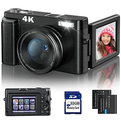 4K Digital Camera for Photography and Video [Autofocus & Anti-Shake] 48MP Vlogging Camera with SD Card, 3'' 180° Flip Screen Compact Camera with Flash, 16X Digital Zoom Travel Camera (2 Batteries)