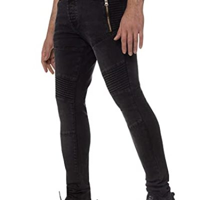 989Zé ENZO EZ414 Mens Skinny Stretch Jeans Blue Black Biker Denim with Zip Jean Slim Fit Pants Trousers All Waist Sizes (34, Black)