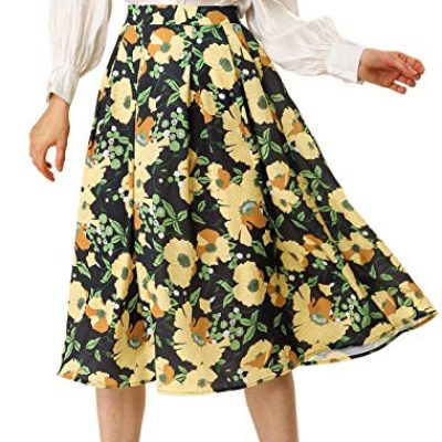 Allegra K Women's Vintage Floral Elastic High Waist Pleated A-Line Midi Skirt Black Yellow 8