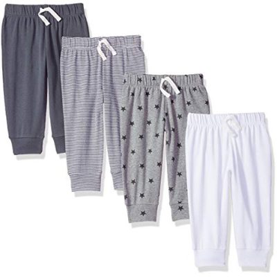 Amazon Essentials Unisex Babies' Cotton Pull-On Trousers, Pack of 4, Dark Grey/White/Stars/Stripes, 18 Months