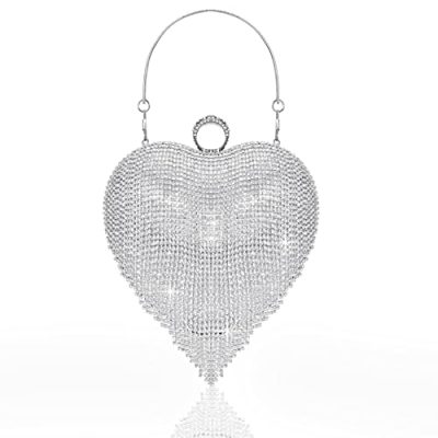 BABEYOND Women's Rhinestone Clutch Evening Bag - Heart Shape Glitter Tassel Purse for 1920s Party Prom Wedding, Silver, One Size