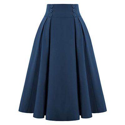 Belle Poque Women's Stretch High Waist A-Line Flared Midi Skirts with Pockets Navy Blue#2150 S