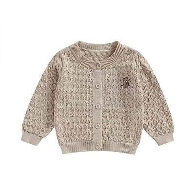 BemeyourBBs Baby Girls Knitted Cardigan Bear Pattern Crew Neck Knit Crochet Button Sweater Coat Cute Fall Winter Jacket Warm Clothes (Apricot, 0-3 Months)