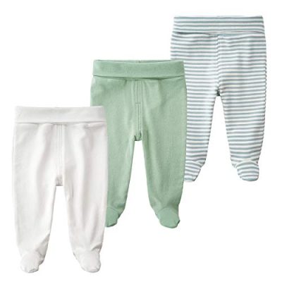BINIDUCKLING Newborn Baby Boys Girls 3-Pack Trousers with Feet Cotton High Waist Footed Pants 0-3 Months, Green