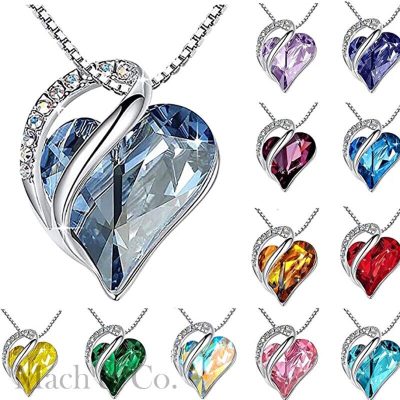 Birthstone Crystal Heart Shape Pendants Stainless Steel Necklace Women Girls
