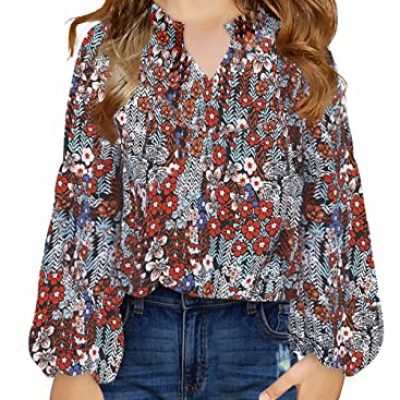 blibean Girl Flower Bell Sleeve Blouse Floral Fall Tops 4-13 Years, A Multicolor, 10-11 Years
