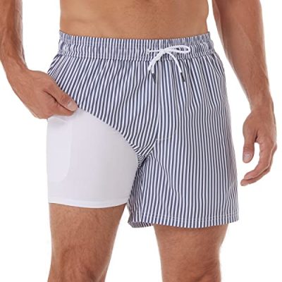 BRISIRA Swim Trunks Men Swim Shorts Quick Dry 5 inch Inseam Beach Shorts with Compression Liner and Zipper Pocket, Stripedarkblue&white, 28