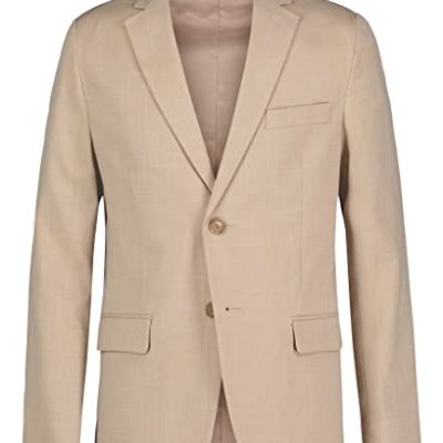 Calvin Klein Boys' Blazer Suit Jacket, 2 Single Breasted Closure, Buttoned Cuffs & Front Flap Pockets Business, Khaki Sharkskin, 7 UK