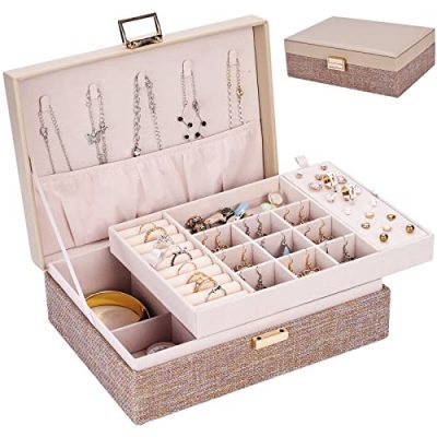 Dajasan Jewelry Boxes for Women Girls, 2 Layers Jewelry Organizer Box with Removable Tray, Mothers Day Gifts, Jewelry Storage Case for Friends, Wife or Mom Gift (Beige)