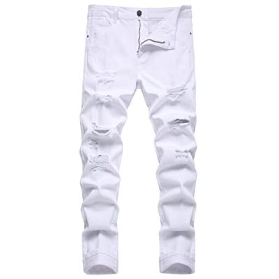 DANT BULUN Men's Ripped Distressed Destroyed Slim Fit Straight Leg Denim Jeans, Whited7004, 30