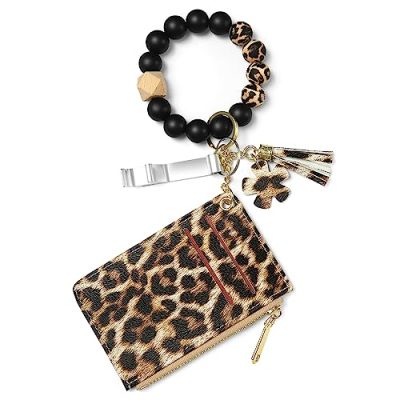 DOMUUH Wristlet Bracelet Keychain Wallet, Pocket Credit Card Holder Purse Tassel Key Chain Bangle Key Ring for Women, Leopard, Slim