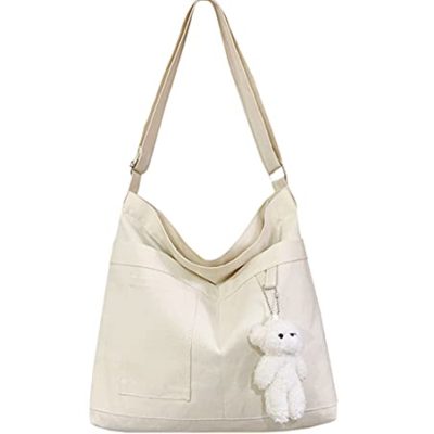 Ehrlich Economical Cotton Tote Bag, Reusable Womens Canvas Tote Bag with 3 External Pocket, Top Zipper Closure, White, L