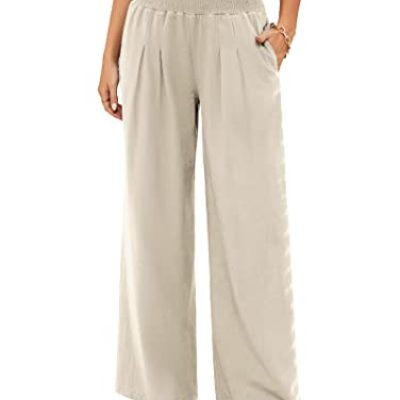 Famulily Womens Linen Trousers Bohemian Style Summer Beach Wide Leg Pants with Pockets Beige XXL