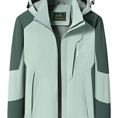 FEOYA Women's Waterproof Windproof Hiking Jacket Outdoor Hooded Windbreaker Water Resistant Camping Coat Stand Collar Lightweight Rain Jacket with Zipper Pockets Detachable Hood Spring Mint Green M