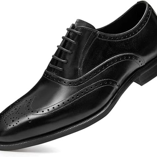 FRASOICUS Men’s Dress Shoes with Genuine Leather in Classic Brogue Elastic Band Oxford Formal Shoes for Men