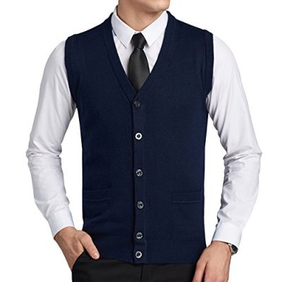 FULIER Mens Wool V-Neck Gilet Sleeveless Vest Waistcoat Classic Gentleman Knitwear Cardigans Knitted Sweater Tank Tops with Buttons (XL, Navy)