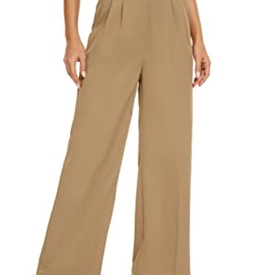 FUNYYZO Women's Wide Leg Pants High Elastic Waisted in The Back Business Work Trousers Long Straight Suit Pants, 006# Khaki (Thin), XL Lange