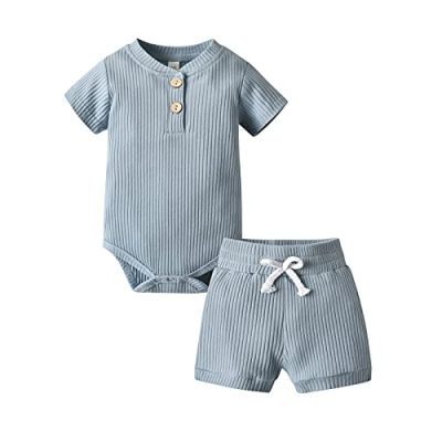 Fupality Baby Clothes Newborn Boy Girl Clothing Solid Color Cotton Unisex Baby Short Sleeve Tops Shorts Baby Outfits Blue-1 （3-6 Months） (140)
