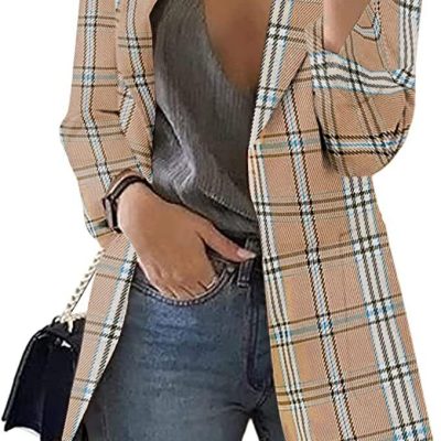 Grlasen Womens Casual Blazer Plaid Slim Fit Lapel Work Office Outerwear Jacket S
