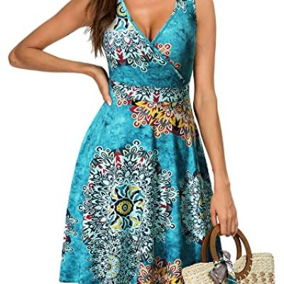 GUBERRY Womens Wrap V Neck Sleeveless Sundress Summer Flare Tank Dress with Pockets, Floral-4, Medium