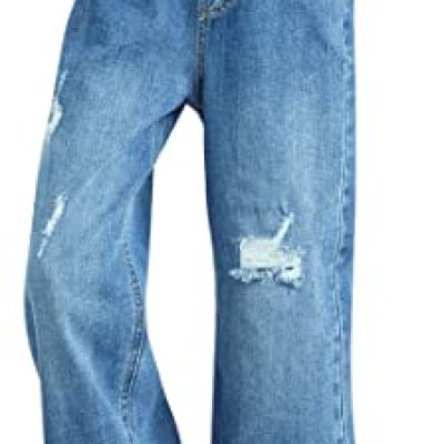 Happy Cherry Girls Wide Leg Jeans Elastic Waist Cotton Denim Pants Casual Baggy Trousers Mid Waisted Loose Fit Straight Jeans Bootcut Ripped Jeans 160