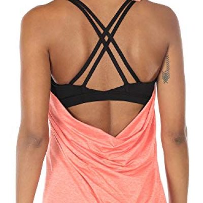 icyzone Workout Tank Tops Built in Bra - Women's Strappy Athletic Yoga Tops, Exercise Running Gym Shirts (L, Peach)