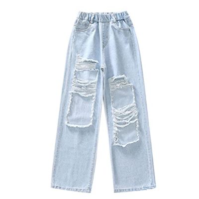 iEFiEL Big Girl's Ripped Jeans Elastic Waistband Distressed Denim Pants Casual Bootcut Stretch Baggy Trousers Blue 13-15 Years