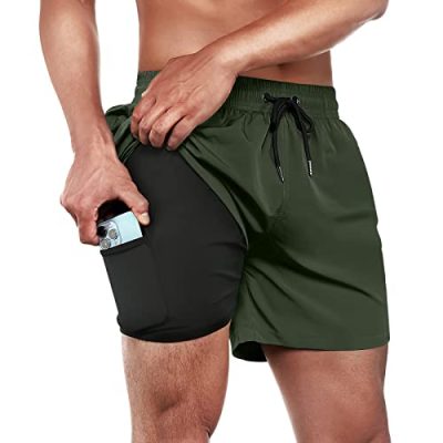 ineepor Swim Shorts Men Swim Trunks Quick Dry 5 inch Inseam Beach Shorts with Compression Liner and Zipper Pocket ArmyGreen