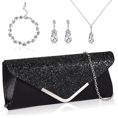 Jadive 4 Pcs Clutch Purses Bag for Women Evening Rhinestone Jewelry Set Bling Necklace Earrings Bracelet for Wedding (Black)