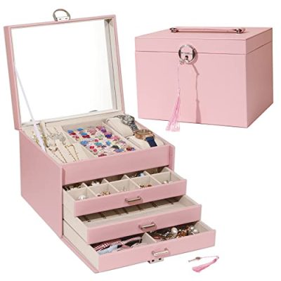 Jewelry Box 4-Layer Multifunctional Jewelry Box Organizer With Lock And Key 3 Drawers Portable Necklace Box With Makeup Mirror, Suitable For Girls To Store Earrings Ring Gift Box (Pink/M)