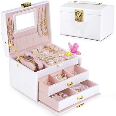 Jewelry Box for Girls Women, Jewelry Organizer Box 3 Layer with PU Leather, White Travel Jewelry Case with Mirror for Earring Ring Bracelet Necklace Watch Glasses Storage (Rose Lock & Butterfly Print)