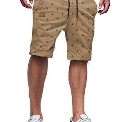 JMIERR Mens Casual Shorts - Cotton Drawstring Summer Beach Stretch Twill Chino Golf Shorts, U Coconut Tree Khaki, Large