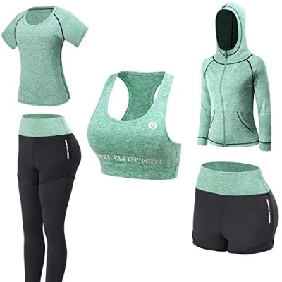 JULY'S SONG Women's 5pcs Yoga Suit Sportsuits Running Jogging Gym Workout Outfit Women's Activewear Sets Sport Yoga Exercise Fitness Clothing