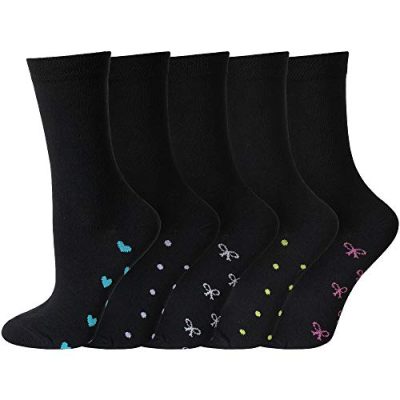 Ladies/Womens Multi pack of Black Cotton Rich Cute Thin Dress Socks with Bows & Hearts (heart and bow, 5)