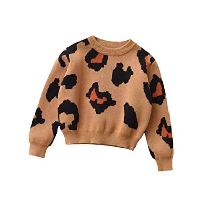 Lamuusaa Toddler Kid Baby Girl Boy Knit Sweater Leopard Crewneck Pullover Sweatshirt Knitwear Fall Winter Clothes, Brown, 5-6 Years