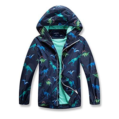 LAUSONS Boys Dinosaur Waterproof Jacket Hooded Windbreaker Lightweight Raincoat with Cotton Lining Navy 9-10 Years