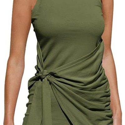 LILLUSORY Women's Summer Casual Sleeveless Beach Tank Dress Bodycon Ruched Tie W