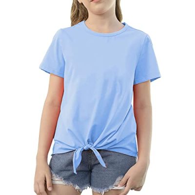 Little Girls Tie Front Knot T Shirt Solid Short Sleeve Crewneck Fashion Loose Casual Summer Blouse Tee Tops Girl Clothes Size 6 (Light Blue, 12-13 Years)