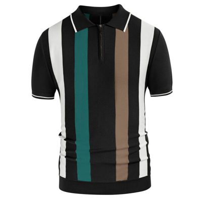 Men's Fashion Polo Shirts Vintage Striped Knitting Shirts Slim Fit Golf Shirts