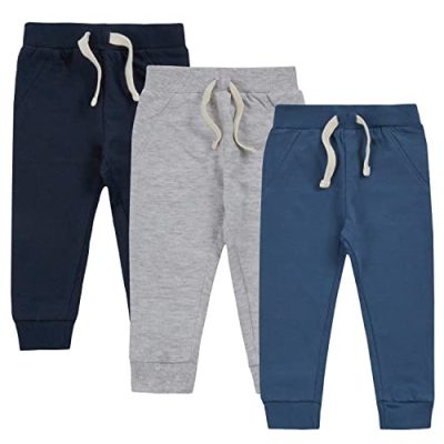 Metzuyan 3 Pack Baby Boys 100% Cotton Joggers Sweatpants Elasticated Waistband Jog Pants 3 Colours Mix 12-18 Months