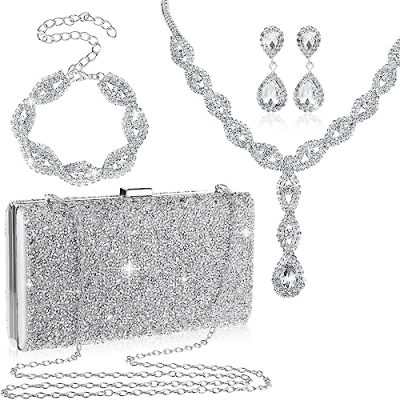 Mixweer 4 Pieces Clutch Purses Bag for Women Evening Rhinestone Jewelry Set Bling Necklace Earrings Bracelets Set for Wedding, Rhinestone, Rhinestone