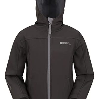 Mountain Warehouse Exodus Kids Softshell Jacket - Breathable Childrens Jacket, Showerproof Girls Coat, Fleece Lined Boys Hoodie, Wind Resistant - for Travelling, Black, 11-12 Years