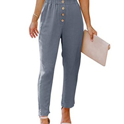 NIMIN Summer Pants for Women Work Casual High Waisted Paperbag Pants Stretchy Elastic Waist Work Pants with Pockets Blue Grey Large
