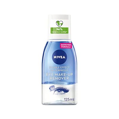 NIVEA Double Effect Waterproof Eye Make-Up Remover (125 ml), Daily Use Face Cleanser for Make-Up and Mascara with Cornflower Extract and Biotin