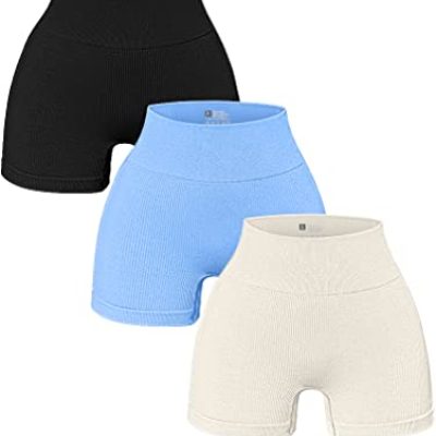 OQQ 3 Piece for Women Yoga Shorts Workout Athletic Seamless High Wasit Gym Leggings, Black Candyblue Beige, M
