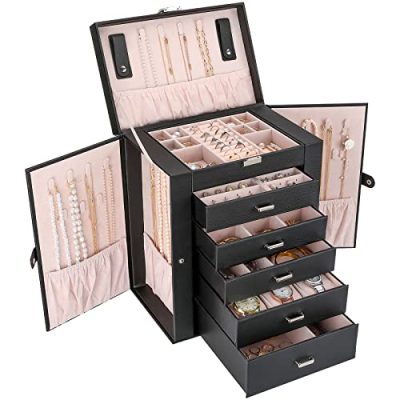 Procase Large Jewelry Organizer Box for Women Girls, 6 Layers Storage Display Holder Case with Drawers and Dividers for Earrings Necklaces Rings Bracelets Watches -Black