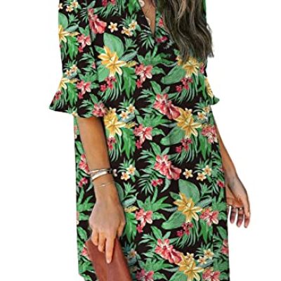 QACOHU Womens V Neck Ruffle Short Sleeve Simple Solid Color Casual Summer Dress, C-black Green, M