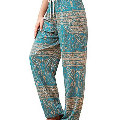 QIANXIZHAN Women's Harem Pants, Hippie Palazzo Pants Boho Joggers Yoga Clothes with Pockets, 4-cyan Flower, S