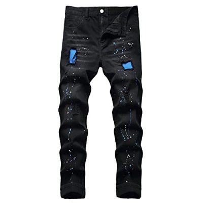 QIMYUM Mens Ripped Jeans, Distressed Destroyed Slim Fit Straight Leg Denim Pants, Black040, 34